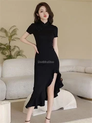 New Chinese style improved Sexy slit Qipao long irregular mermaid cheongsam dress elegant women slim black party long dress
