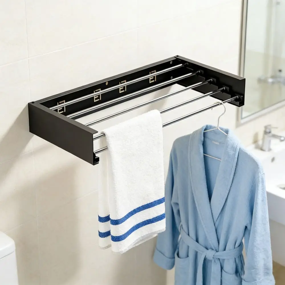 

Carbon Steel Invisible Clothes Drying Rack 5 Rods Wall Mounted Hidden Drying Rack 60CM Space Saving Folding Clothes Hanger