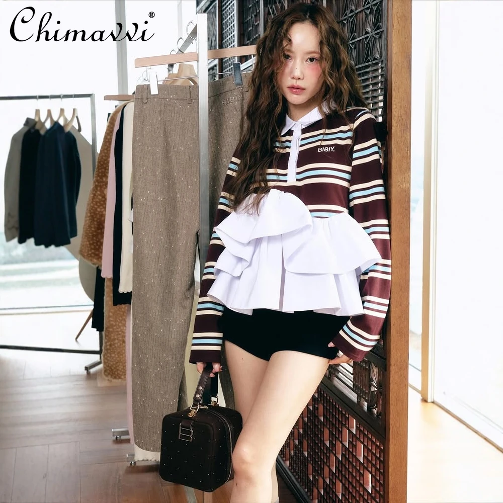 

Japanese Style Classic Ruffled Hem Striped Long Sleeve Simple T-Shirt Top Spring Fashion Turn-down Collar Sweet Girl Polo Shirt