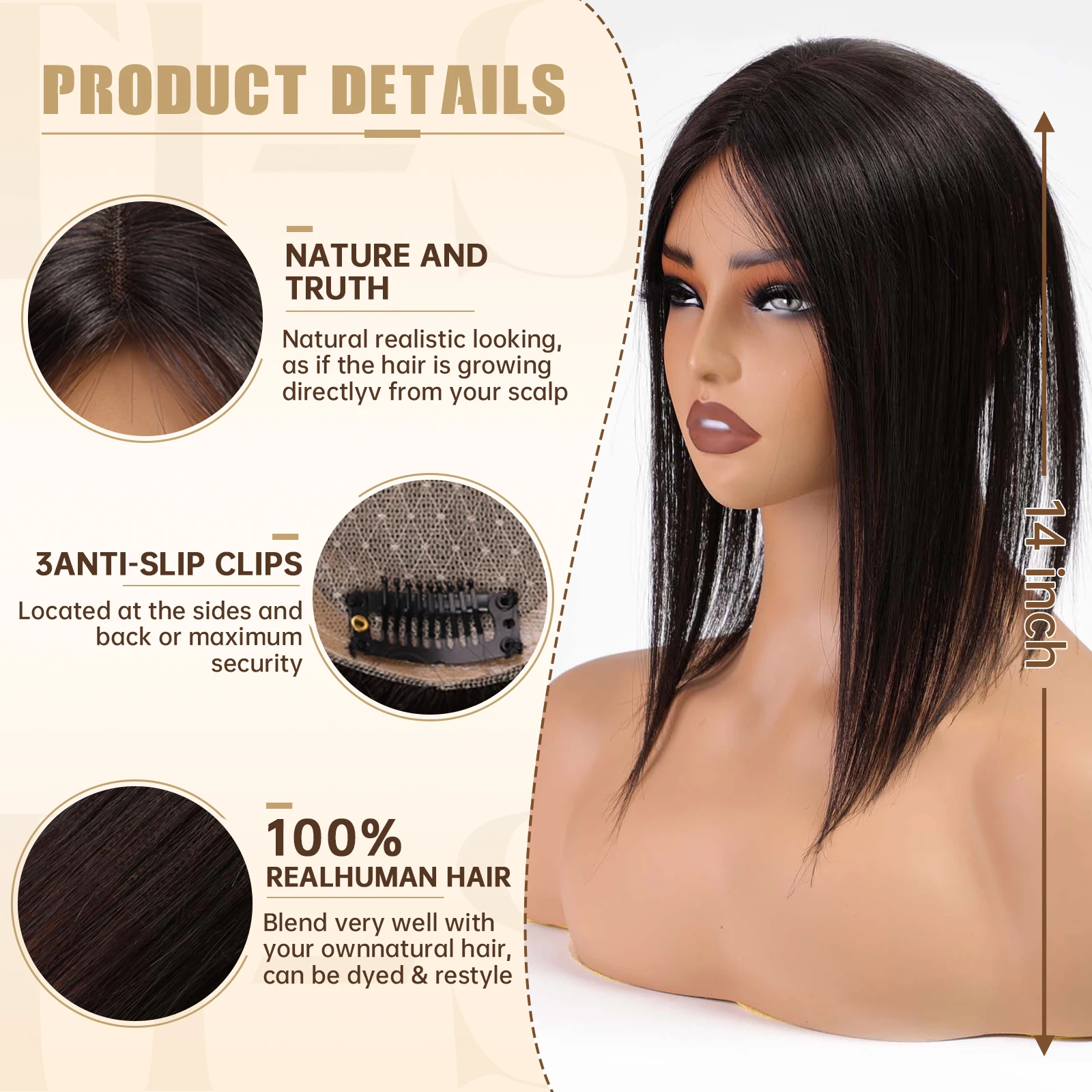 100% Remy Human Hair Toppers Clips in Hair Blacke Human Hair Topper Lace Base Hairpieces for Women Hair Extensions 14 Inches