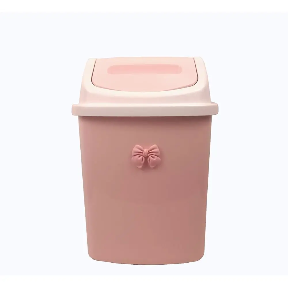 

Pink Swing Lid Trash Can with Bow Decoration – Small Waste Bin for Bathroom, Bedroom, Office or Vanity – Compact Plastic Garb
