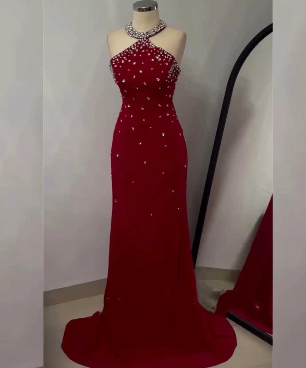 

Customized Modern Style Jersey Pleat Sequined Mermaid Halter Long Bespoke Occasion Prom Dresses High Quality