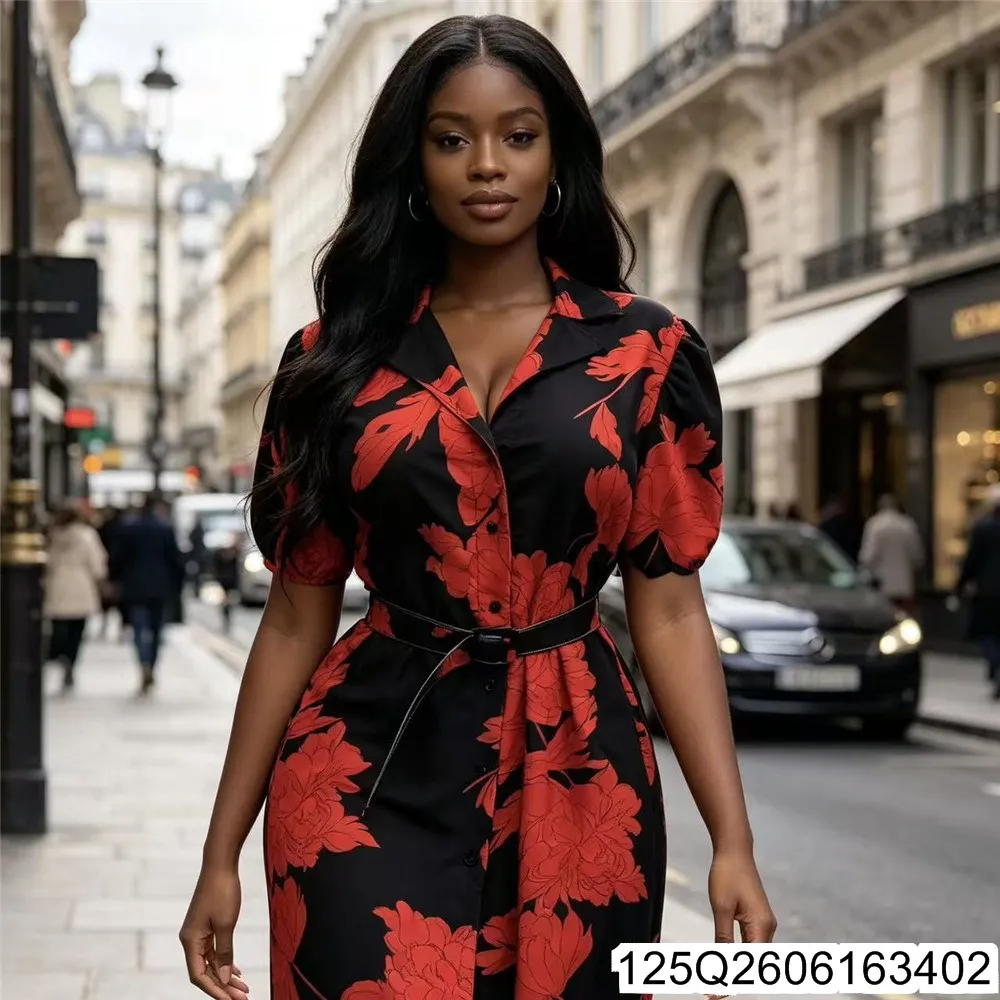 2026 Large-sized Printed Dress for Women, A Long and Elegant African-style Short-sleeved Dress with A Cinched Waist 125Q26061634