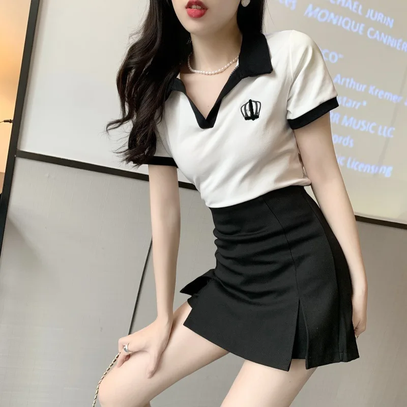 Japanese Style Short Crop Top And Skirt Set Women's Turn-down Collar Slimming Half-length Split Shorts Dress Two-piece Set