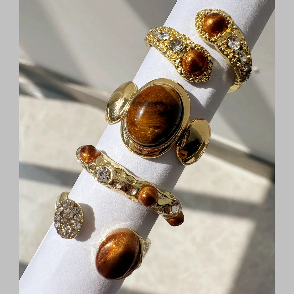 Set of 4 Open-Back Tiger's Eye Layered Rings for Fall/Winter Stylish Women's Charm Jewelry Perfect for Everyday Wear  Parties