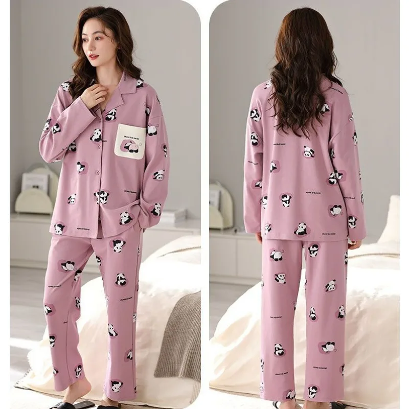 High-End Pure Cotton Pajamas Spring Autumn Women Long-Sleeved Casual Large Size Homewear Suit Simple Comfortable Sleepwear 2024