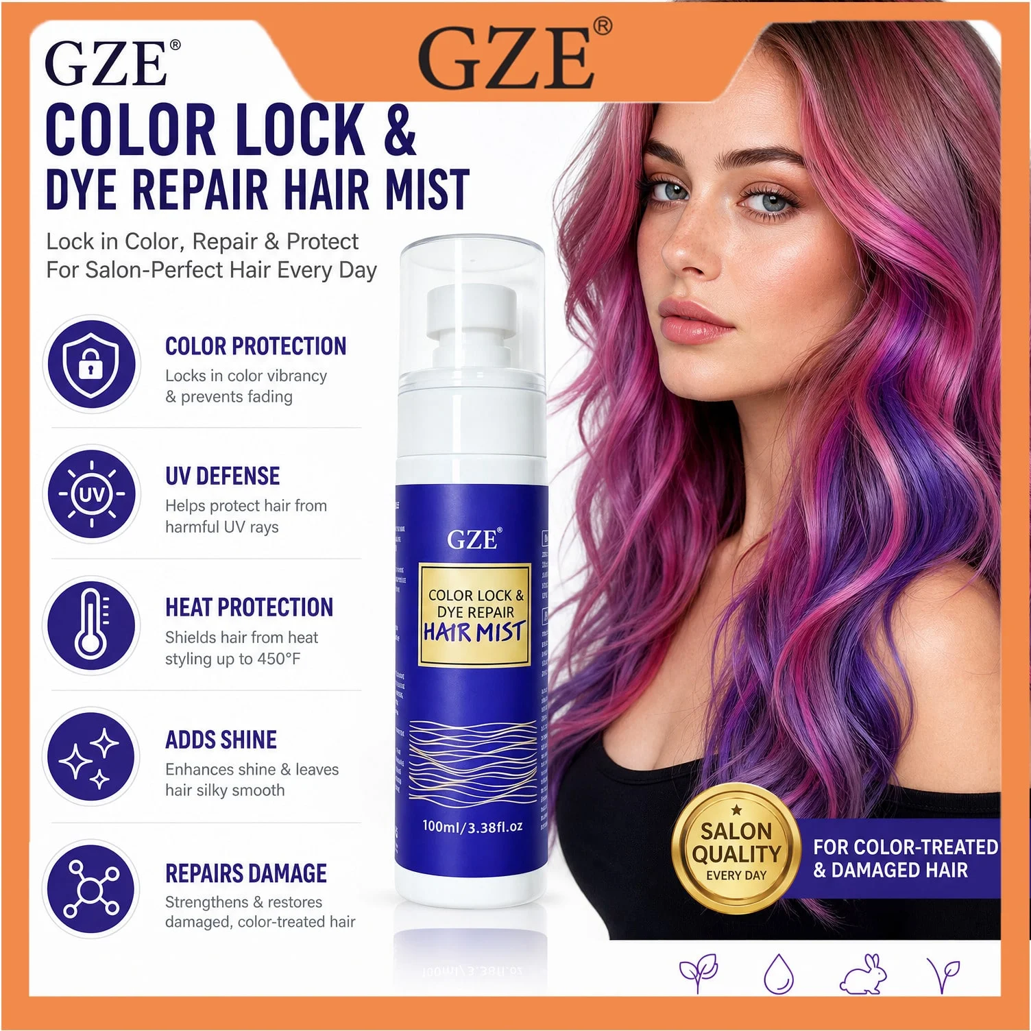 GZE Color Lock & Dye Repair Hair Mist 100ml/3.38fl.oz, Color Protect Anti-Frizz Hair Spray, For Dyed Color Treated Hair