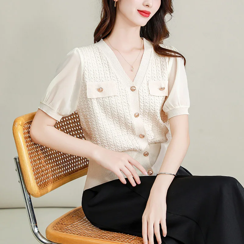 Women Clothing Vintage Fashion Solid Knit Shirts Summer Elegant V-neck Short Sleeve Thin Sweaters Office Lady Chic Cardigan