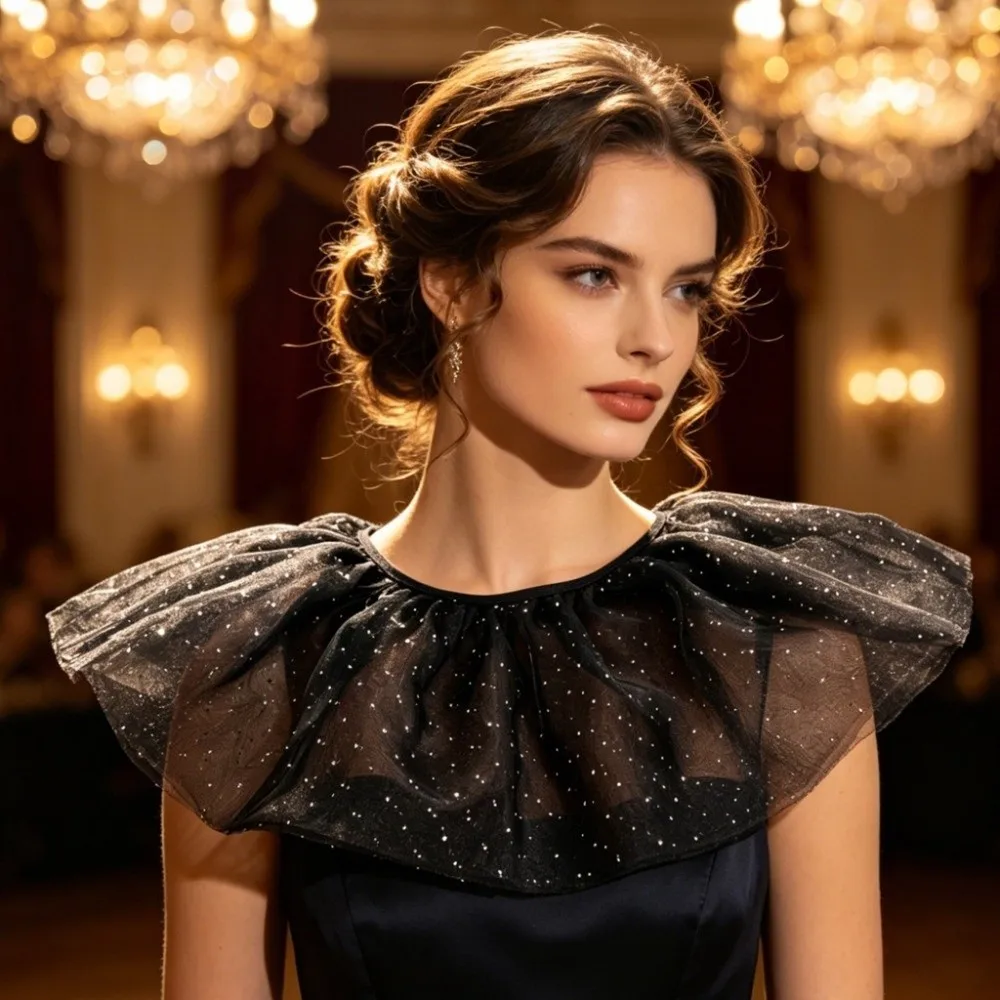 Fashionable Diamond Shiny Mesh Fake Collar Lace-Up Cloth Decoration Neck Ruff Collar Stage Performance Neck Ruff Shawl Party