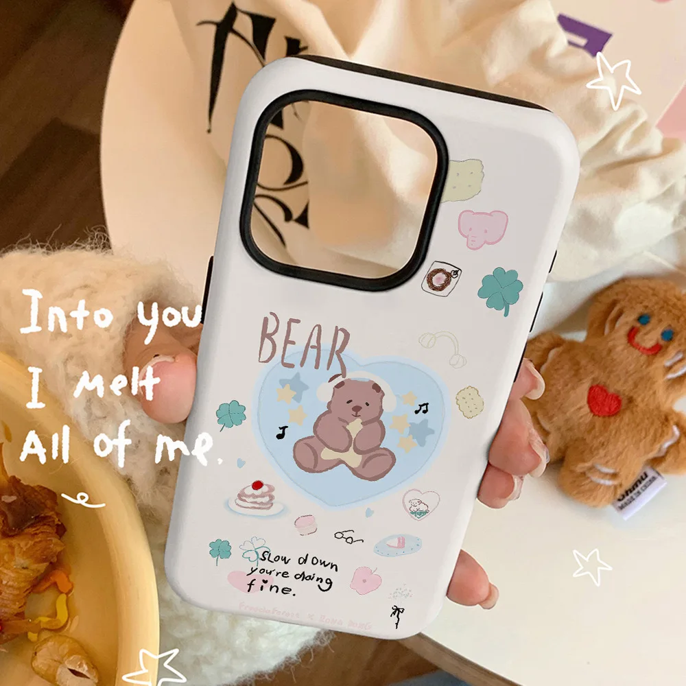 Ins Music Love Bear Protective Phone Case for IPHONE 16 ProMax 15 14 13 12 11 PRO Plus Acrylic TPU Two in One Mobile Phone Cases