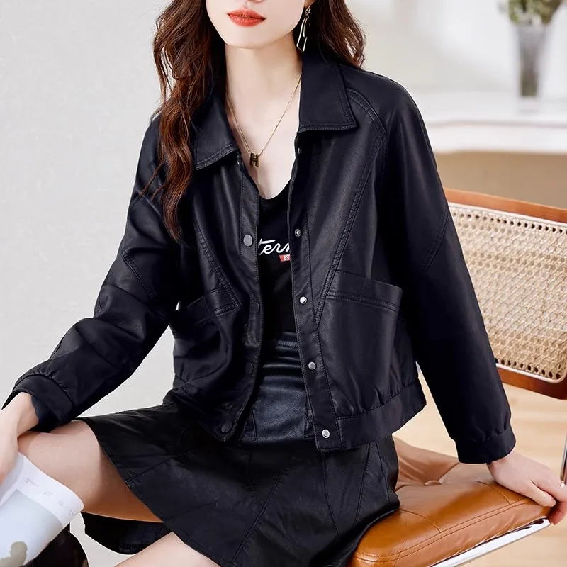 معطف نسائي من الجلد البني من Faionable ort مقاس صغير لربيع وخريف جديد Sle عصري للتنقل والرياح فضفاض مناسب من جلد البولي يوريثان #5