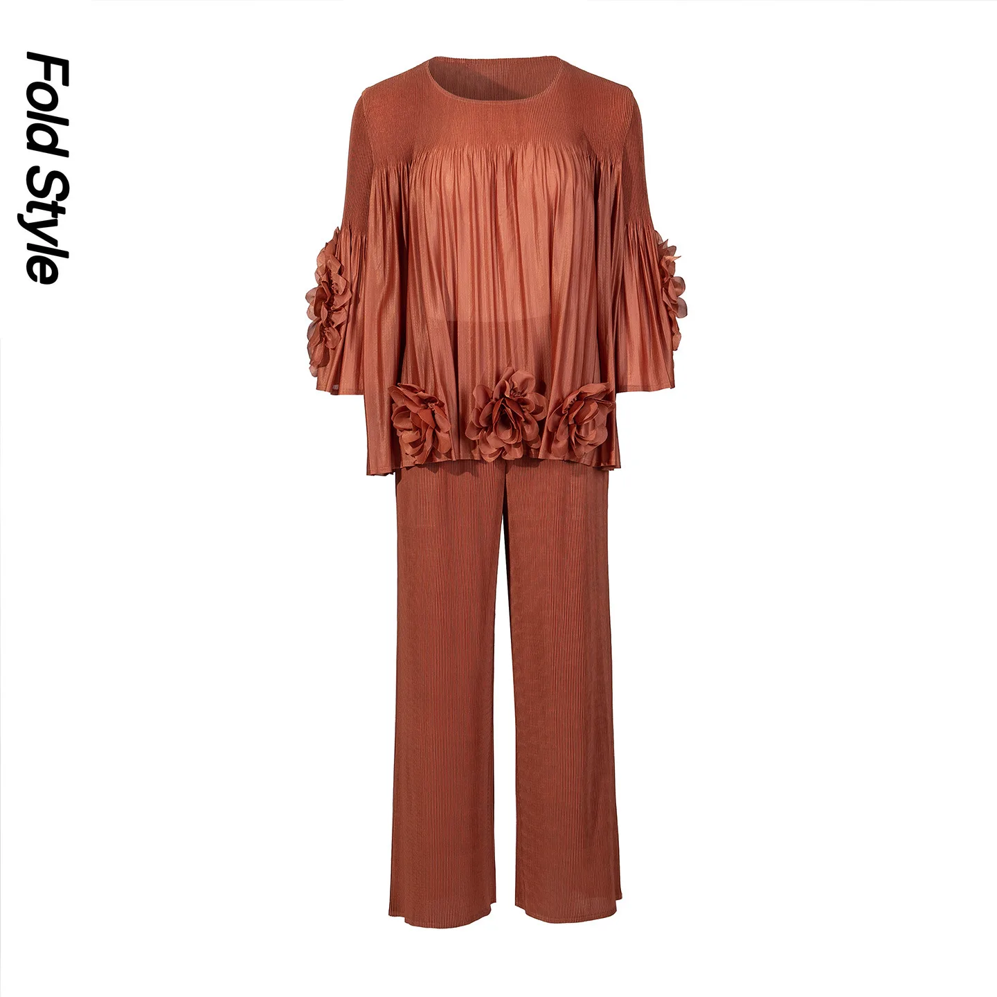 

Miyake Pleated Fashion Suit Women's Fashion Three-dimensional Flower Decorative Pullover Top Wide-leg Pants Two-piece Set