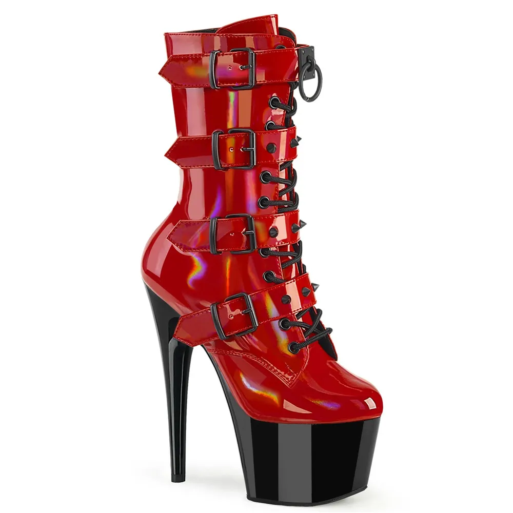 

17cm heel, platform two-tone, toned lace-up front ankle boots with quadruple tapered rivets and inner zipper ankle boots