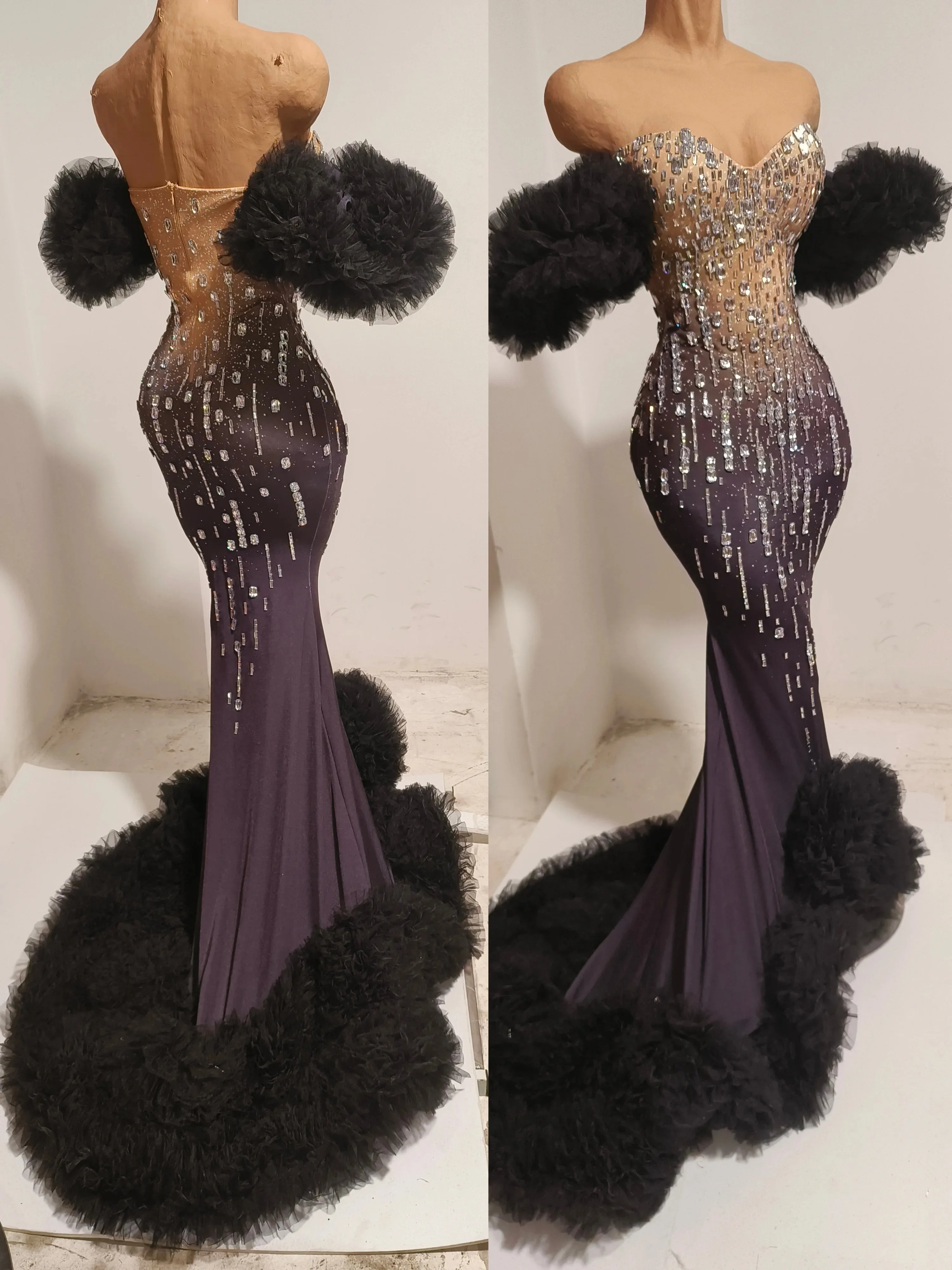 Luxury Black Silver Gradient Rhinestone Mermaid Dress with Off Shoulder Tulle Sleeves for Evening Parties and Black Tie Events