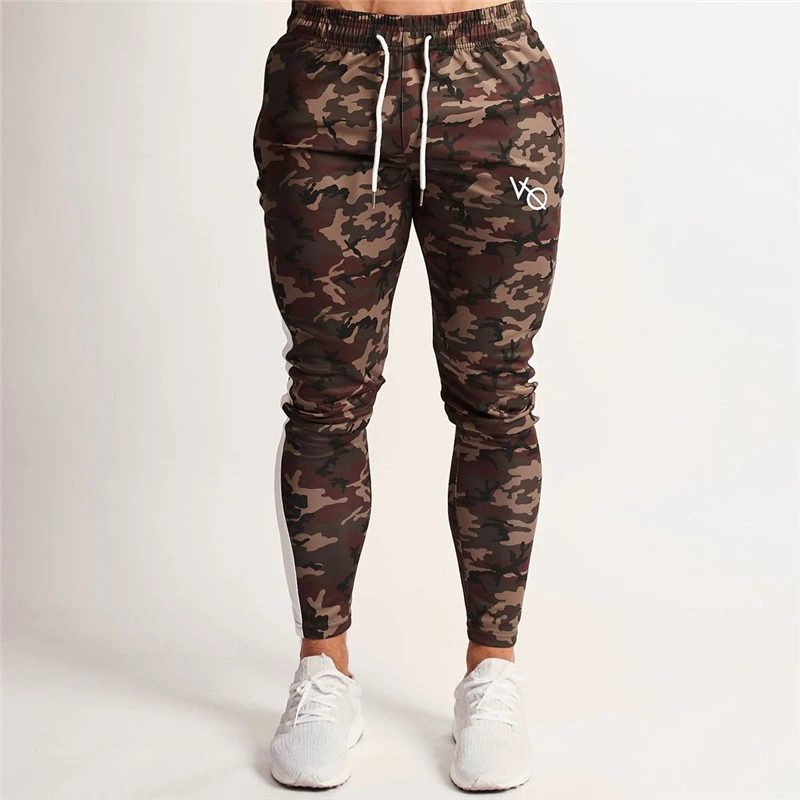 Fashion camouflage slim men\'s trousers stitching casual street clothing men\'s jogging micro-elastic exercise fitness pants