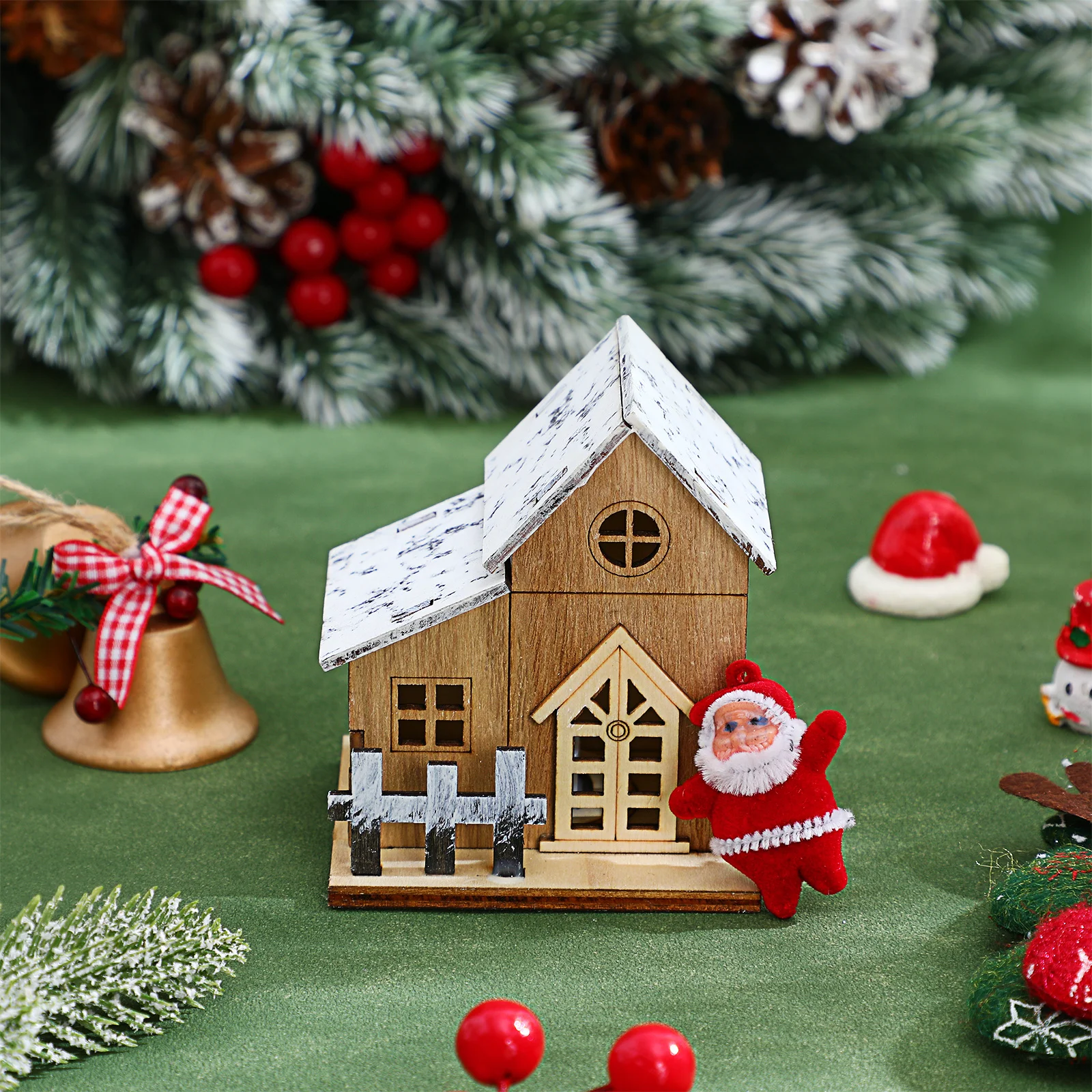 

2pcs Led Lit Wooden Cabin Xmas Decor For Home Office Desktop Ornament Luminous Christmas Decoration Log Miniature