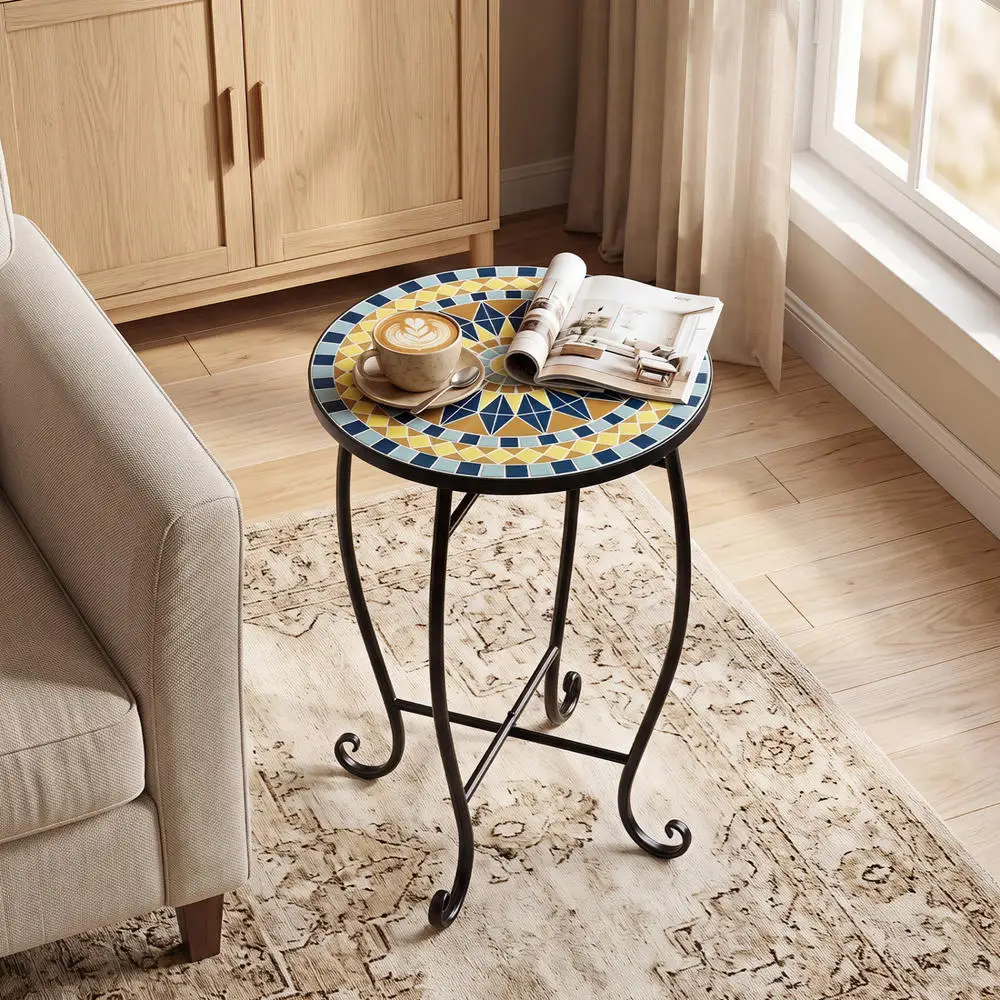 14 Inch Mosaic Side Table, Floral Clover Lotus Sunflower Pattern, Metal Frame With X Base, Decorative Accent End Table For Patio Poolside Indoor Use, Yellow