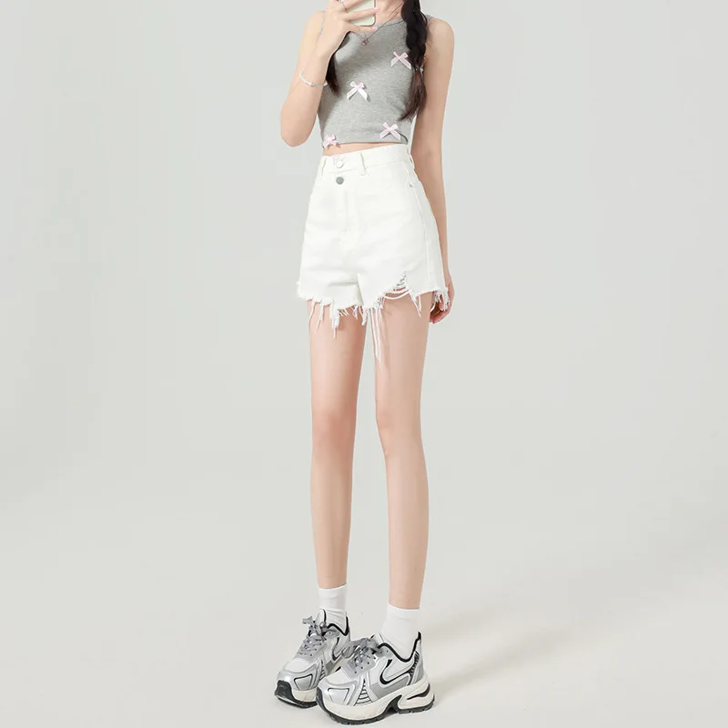 

Fashional High Waist Double Buckle Skinny Denim Shorts Women's Spring Summer New Style Thin A- Line Casual Versatile Short Pants