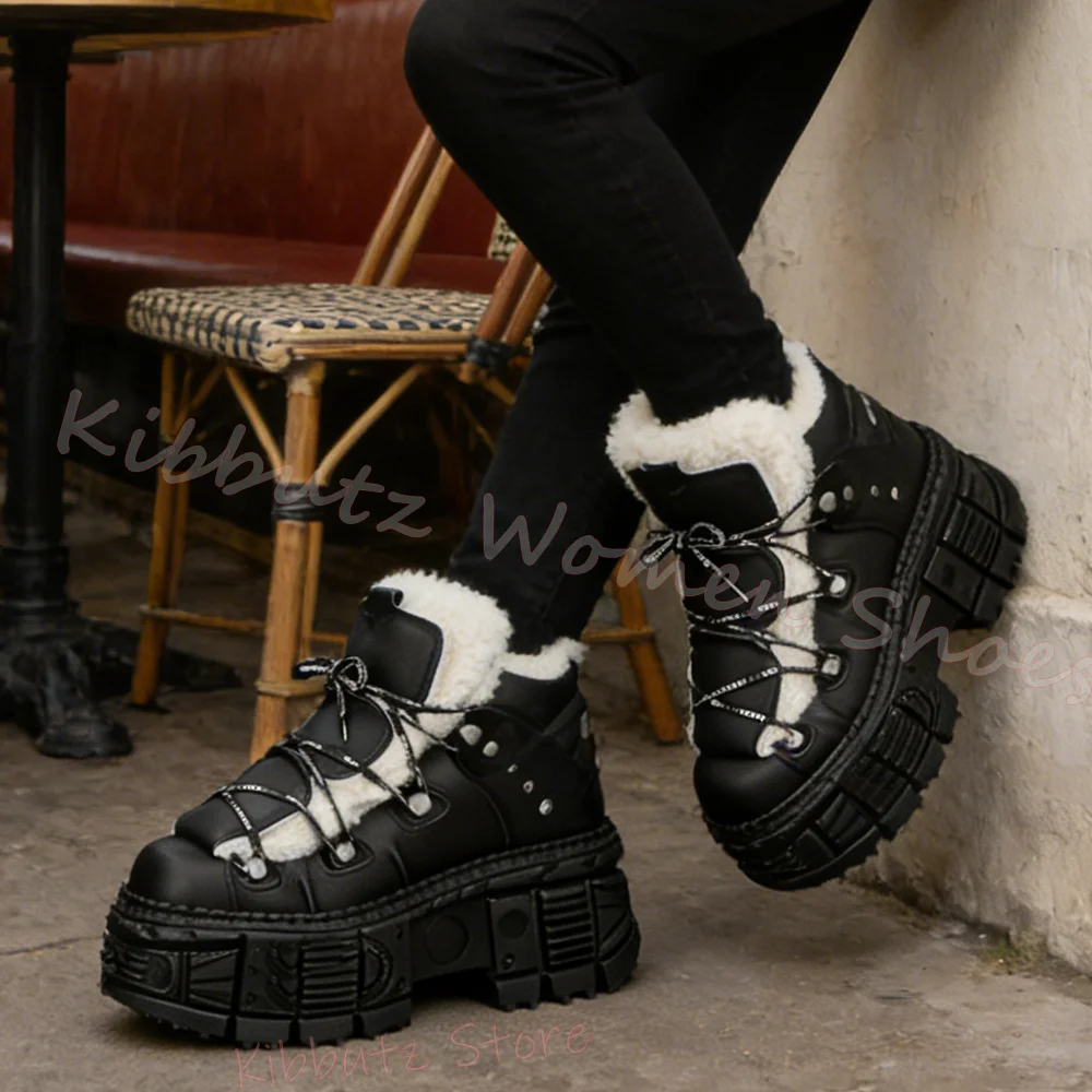 Fur Lined Platform Ankle Boots Chunky Lug Sole Winter Punk Style Lace Up Warm Plush Lining Non Slip Heavy Duty Shoes Leather New