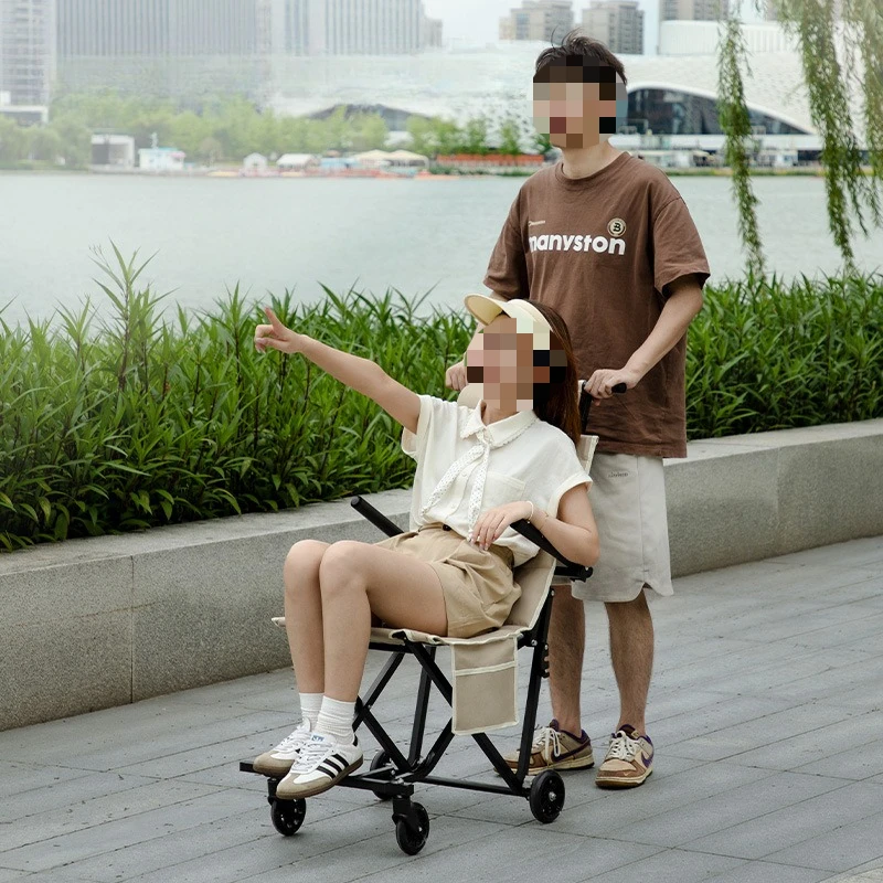 Outdoor folding chair trolley, can sit or lie down, lazy portable, camping travel, elderly and pregnant women scooter