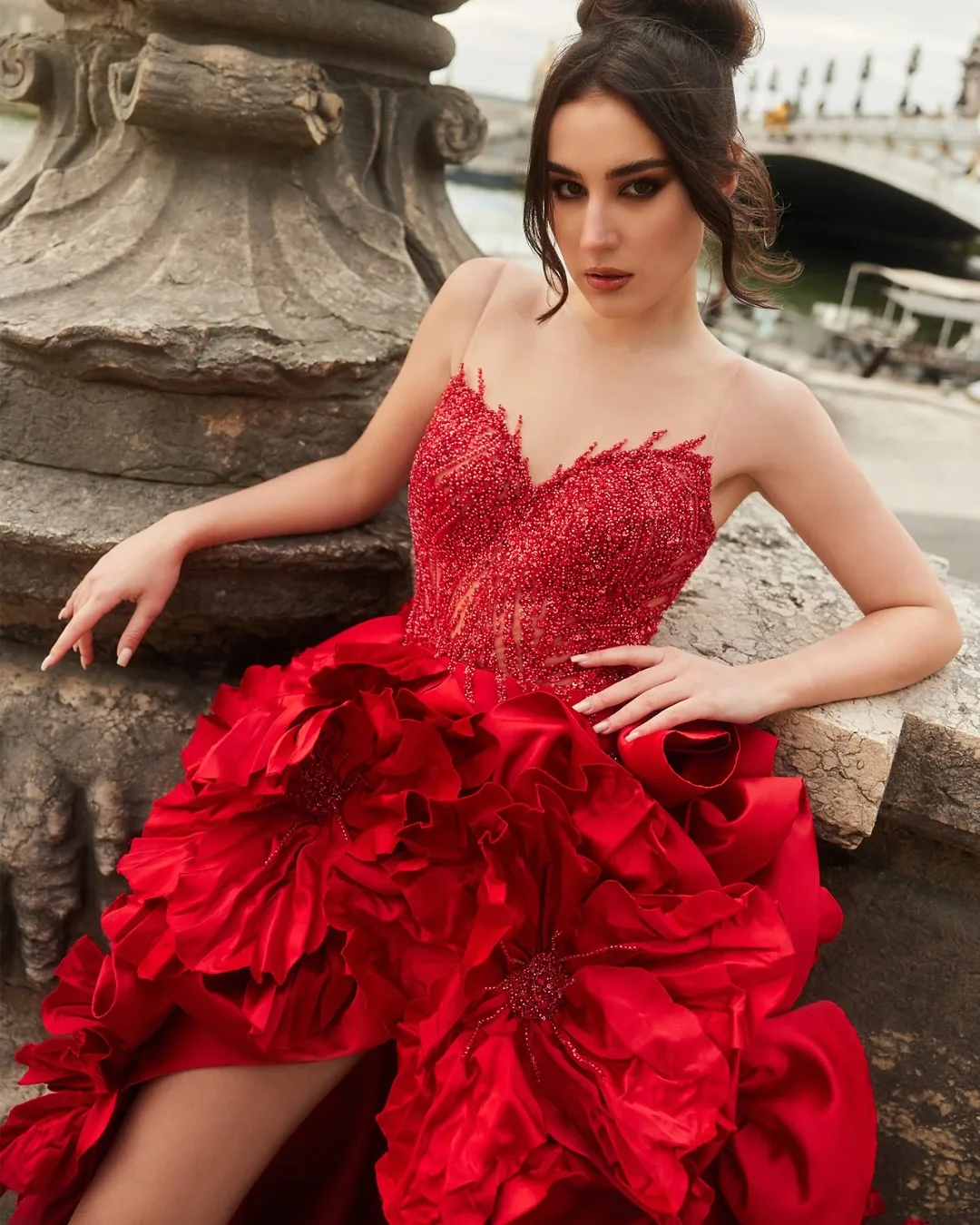 Red Satin Ruffle High‑Low Skirt  Asymmetrical A‑Line Summer Party Dress, 2025 New Elegant Evening Wear Maxi Flower Skirts Party