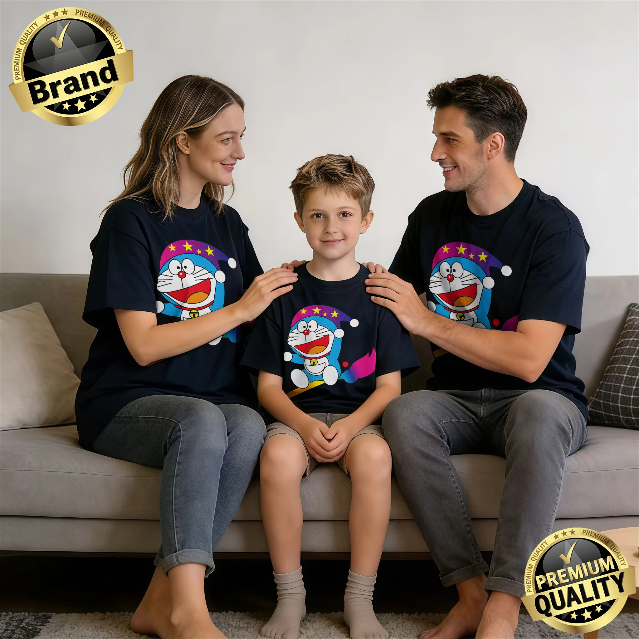 

Летние футболки для всей семьи 2026 с принтом Дораэмон и градиентным узором, 100% хлопок, комплект из 3-х предметов для семьи из 3 человек