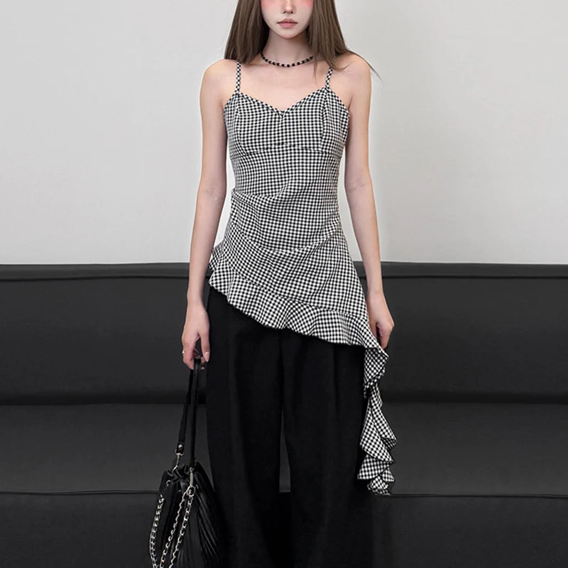 Coréen noir blanc Plaid Camisole haut femmes 2025 été volants ourlet col en V débardeurs femme dos nu Streetwear gilet femme