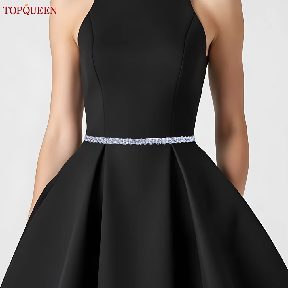 TOPQUEEN Simple Bridal Belt, Silver Rhinestone Beaded Belt , Important Occasion Dress Decoration, Handmade Wedding Sash S383