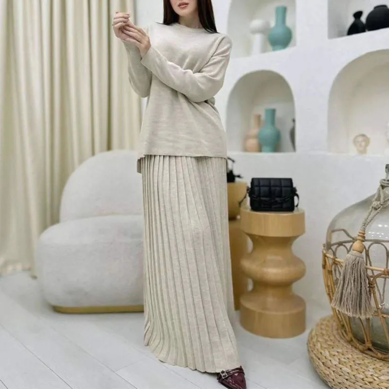 

Women Knitted Clohting Sets Sweaters+Pleated Skirts Two Pieces Suits Autumn Winter Solid Color Outfits Lady Elegant Streetwear