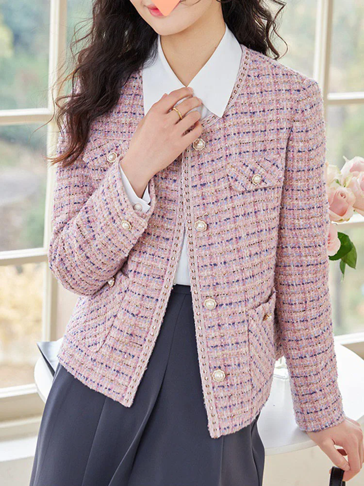 Elegant Pink Tweed Vintage O-neck Jackets Korean Fashion Single Breasted Loose Coats Tops Casual Long Sleeve Classic Abrigos New