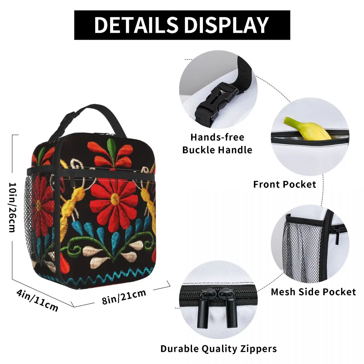 Mexican Butterflies Flower Insulated Lunch Bag Otomi 3D Print Embroidery Pattern Cooler Thermal Bento Box Office Picnic Travel