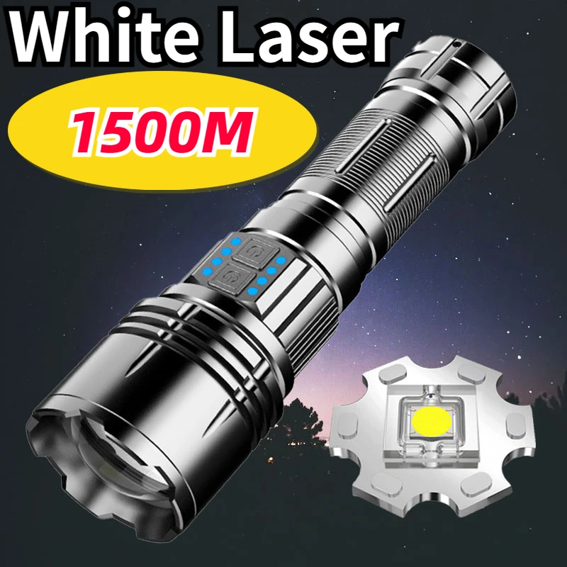 High Power Led Flashlight  Lantern Long Range White Laser Wick Rechargeable Zoom Battery Level Display Outdoors Tactical Torch