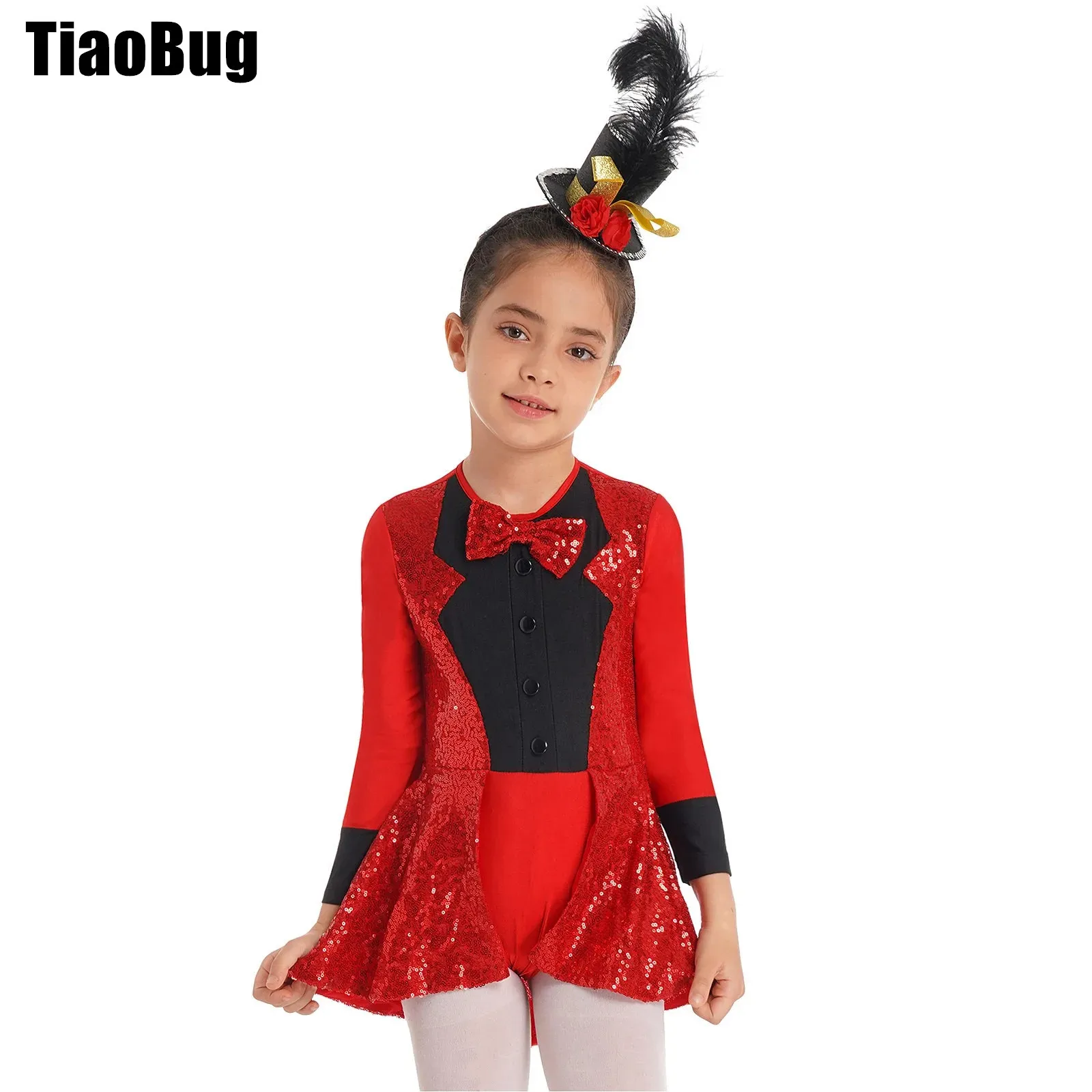 

Kids Girls Sequins Leotard Cosplay Dance Leotard Round Neck Long Sleeves Bow Tie Adorned with Hem