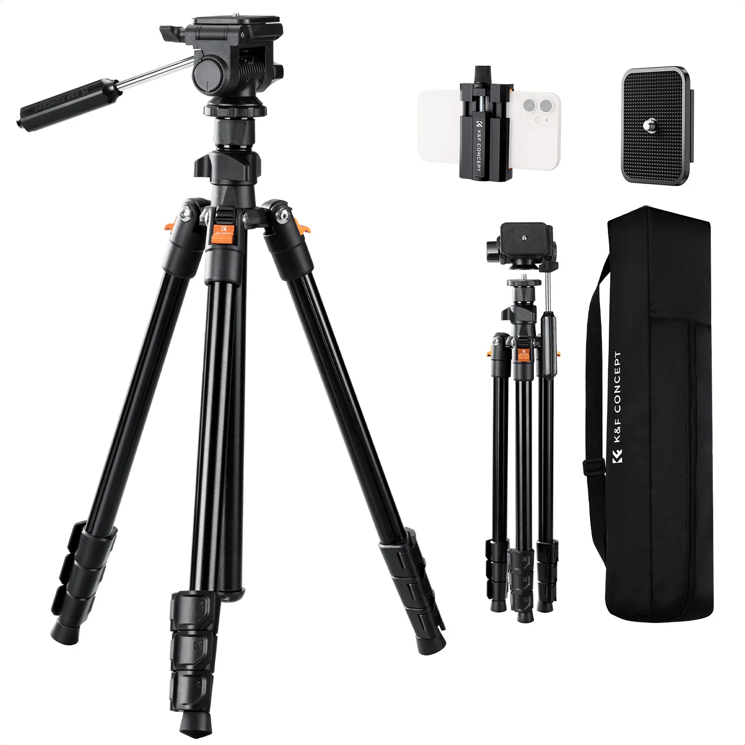 

K&F CONCEPT 77"/1.96m Camera Tripod Video Lightweight Travel Tripod with 3-Way Swivel Pan Tilt Head Load 3kg/6.6lbs Phone Holder