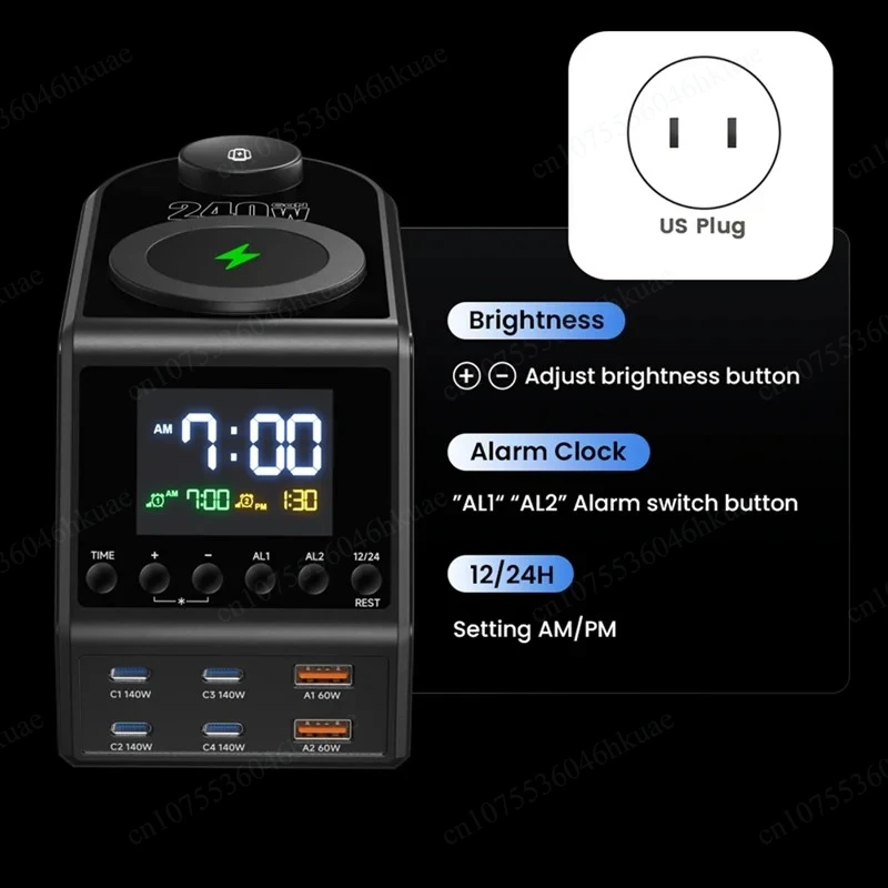 240W GaN PD3.1 Multi Port Charging Station With Alarm Clock Wireless Fast Charge