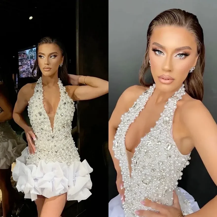 

Luxurious Cocktail Dresses More Pearls Crystal Mini Short Evening Prom Gowns Customized Sleeveless Graduation Dress