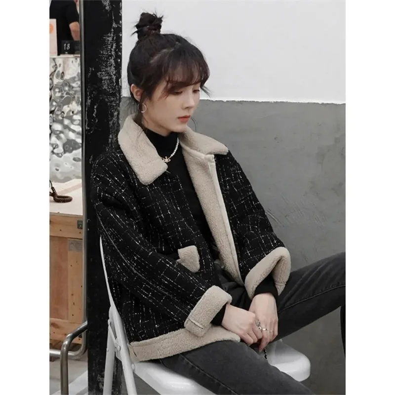 Little Fragrant Wind Lamb Wool Coat for Women 2023 Autumn Winter New Plus Fleece Thickening Small Lamb Cotton Clothes for Women