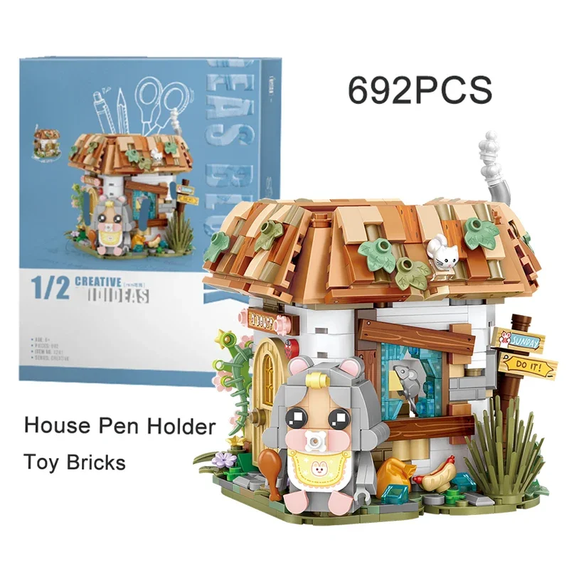 Mini Building Blocks Creative Pen Holder Small Particle Assembled Ornaments DIY Stationery Pen Holder House Model Toys Gifts