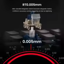 Ilustração técnica do switch magnético Akko mostrando a precisão de 0.005mm