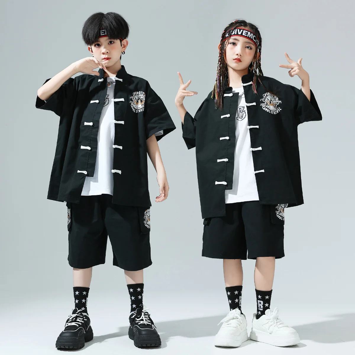 子供 Kpop ヒップホップの服中国風の衣装赤/黒ストリートセットガールズボーイズジャズダンス衣装服
