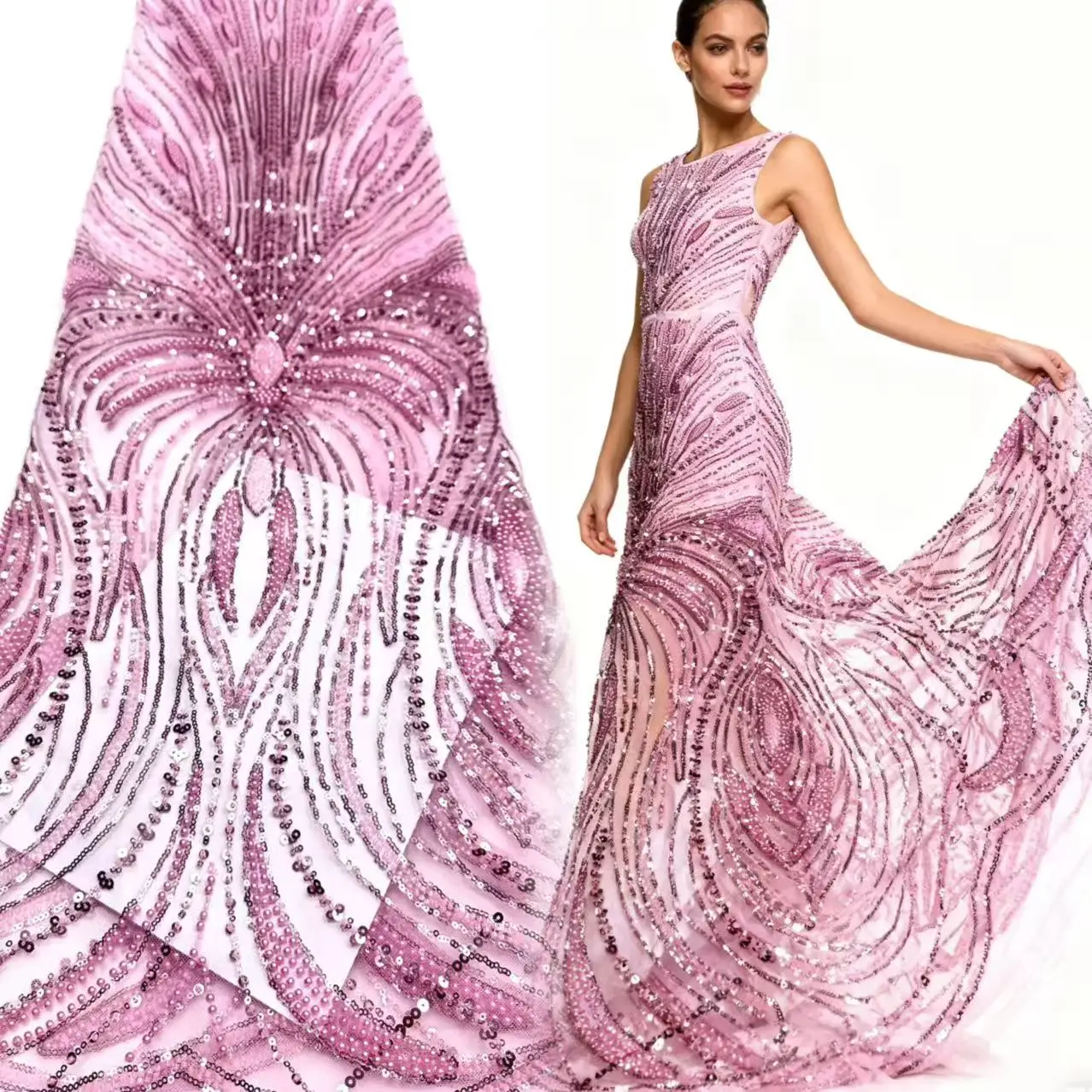 

African Beaded Groom Lace Fabric High Quality French Mesh Lace Fabric Sequins Nigerian Lace Fabrics For Wedding Dress Sewing