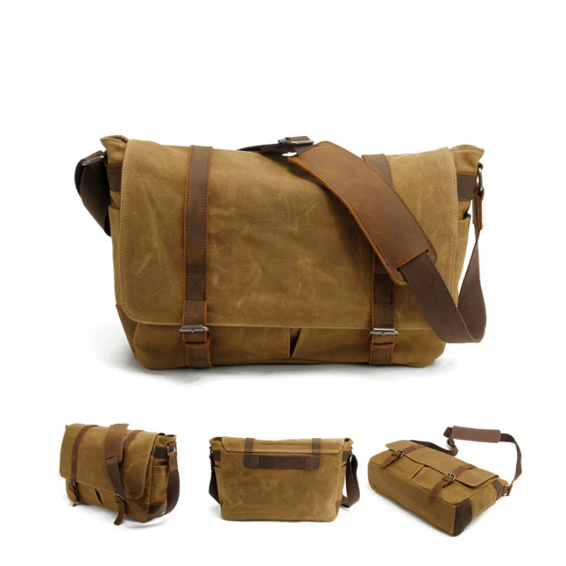 Horizontal men's camera bag, casual shoulder bag, batik canvas with crazy horse leather, waterproof photography bag for SLR came
