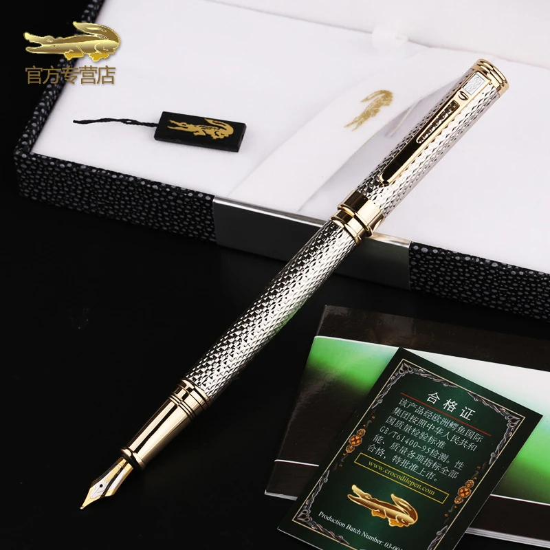 

Crocodile 218 Classic Fully Metal Fountain Pen Beautiful Ripples Pettern Silver & Golden For Writing Gift Pen W/Gift Box FF015