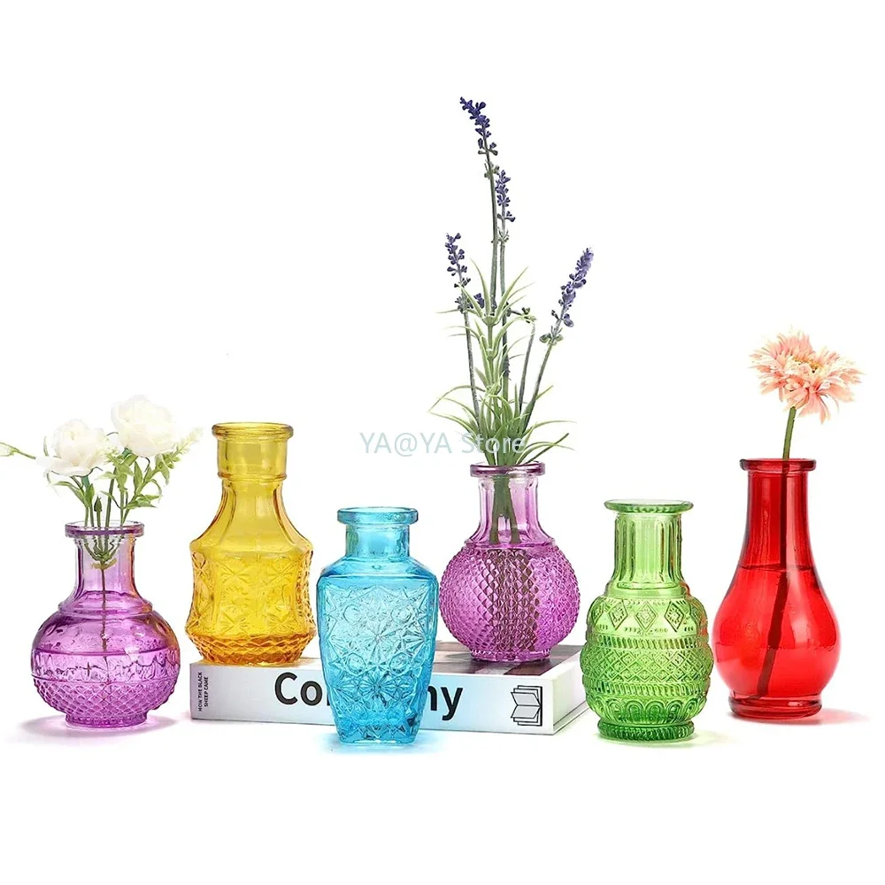 Glass Colored Vintage Style Small Vase for Home Decoration Embossed Style Mini Glass Bottle for Wedding Center Event Office