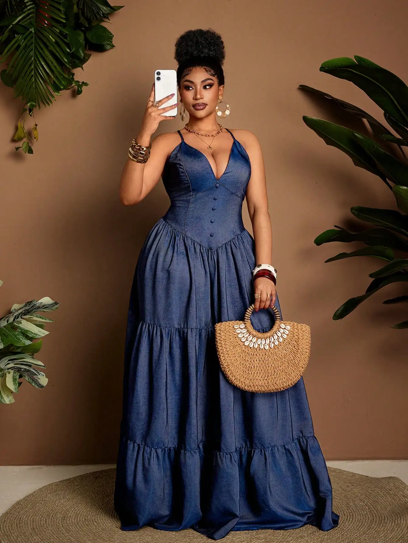 

Plus Size Denim Effect A-Line Long Strap V-Neck Maxi Dress