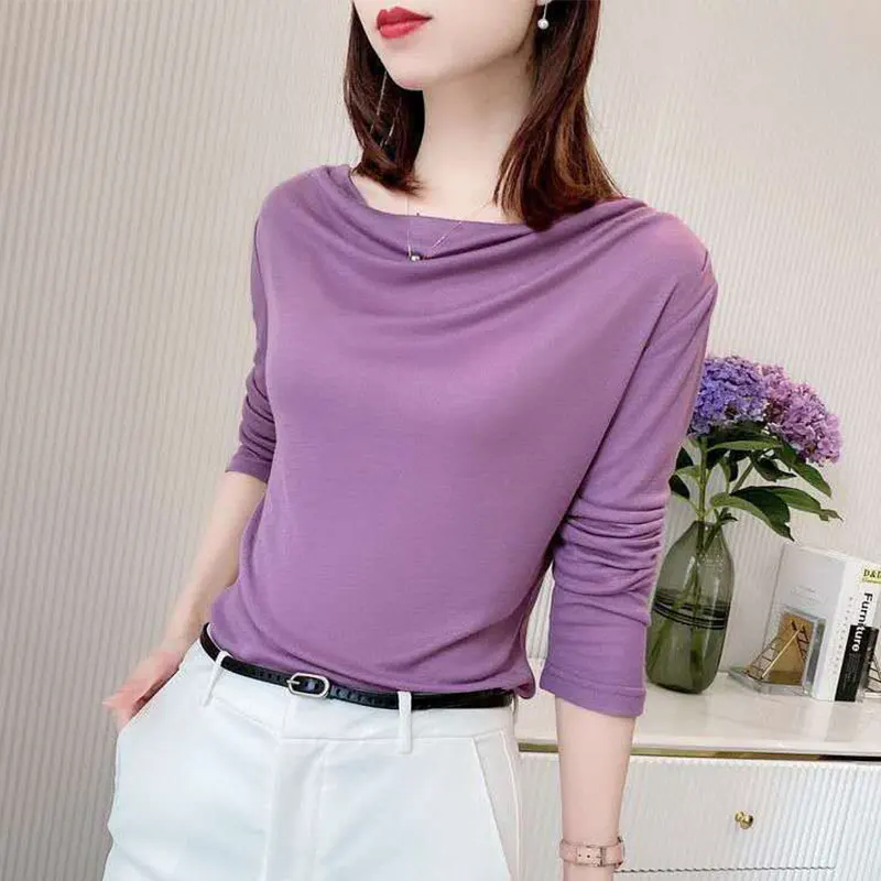 Women's Monochromatic Long Sleeve T-Shirt, Office Clothes, Elegant Temperament Tops, Casual, Lady, Simplicity, Autumn Fashion