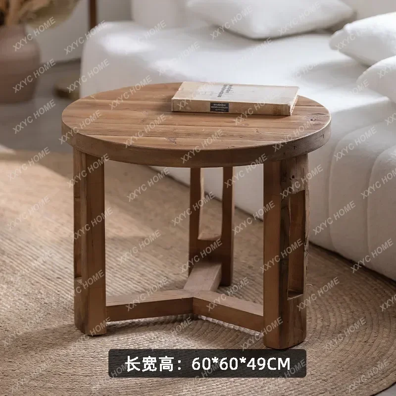 L Wabi Sandy Wind Solid Wood Small Round Table Homestay Retro Old Household Living Room Coffee Table