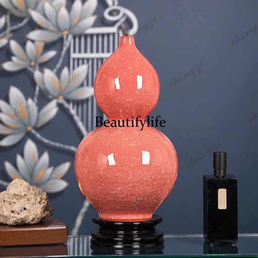 a55 Jingdezhen ceramic pink borneol crack vase modern Chinese living room flower arrangement home decoration