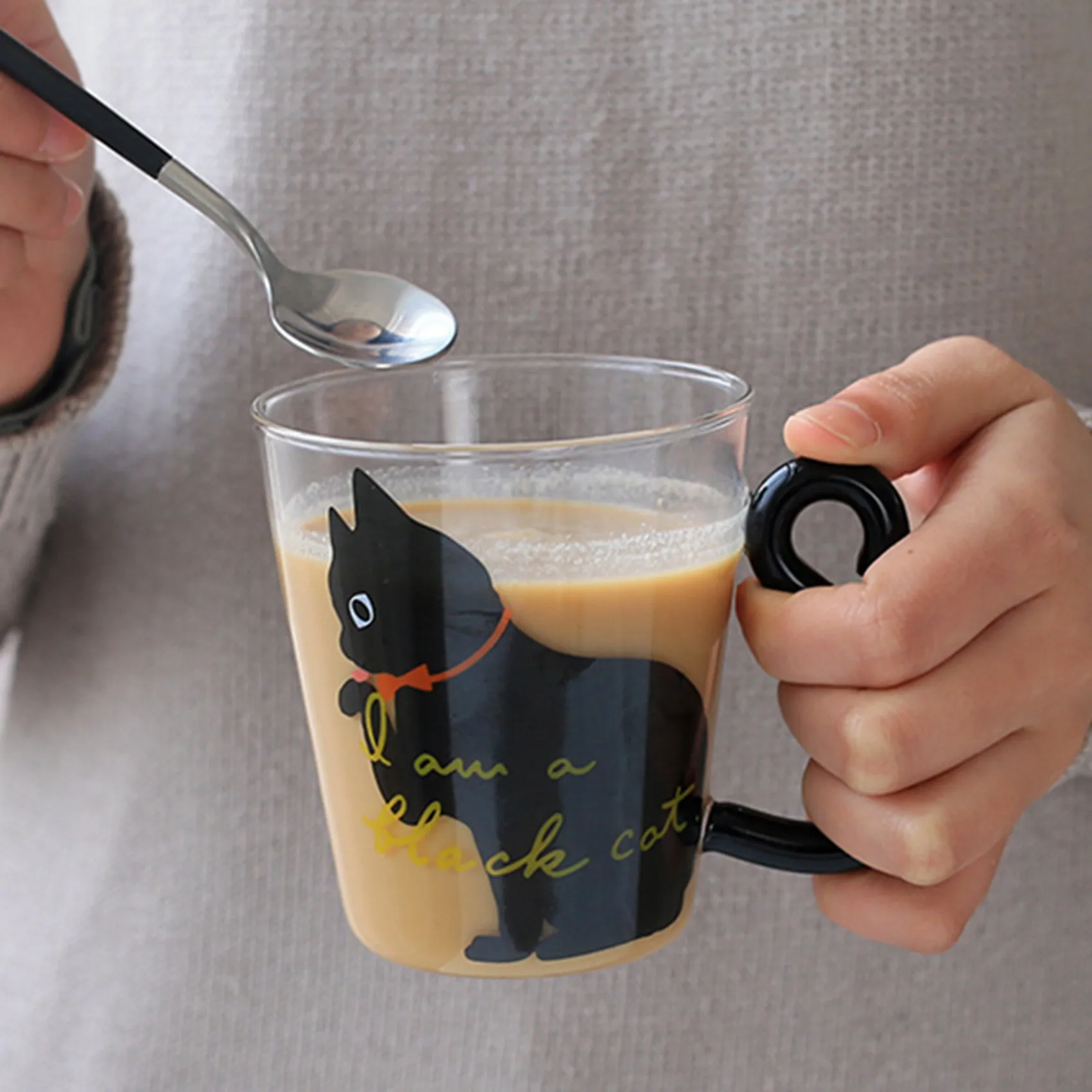 [Promotions]Cute Kitty Glass Water Cup Cat Tail Handle Mug Milk Tea Coffee Fruit Juice Mug Drinkware Home Lovers Cup -White