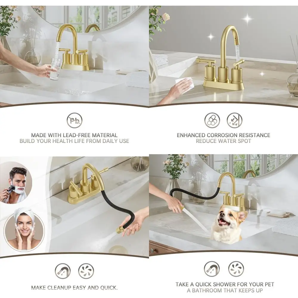 

4 Brushed Gold 2-Handle Centerset Faucet with 3 Holes, Stainless Steel, Pop-up Drain & Supply Lines, Modern Laundry Sink Fixture